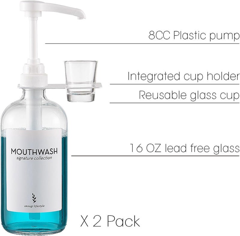onsogi Glass Mouthwash Dispensers with Cup Holders and Pumps, 16 Oz Rustic Boho Mouthwash Dispensers for Bathroom Farmhouse Decor - 2 Pack Clear - Image 2